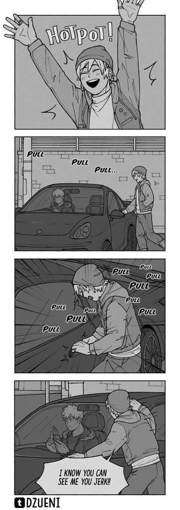 A 4-panel comic. Kaminari is excited to go eat hotpot but Bakugo won't let him in the car.