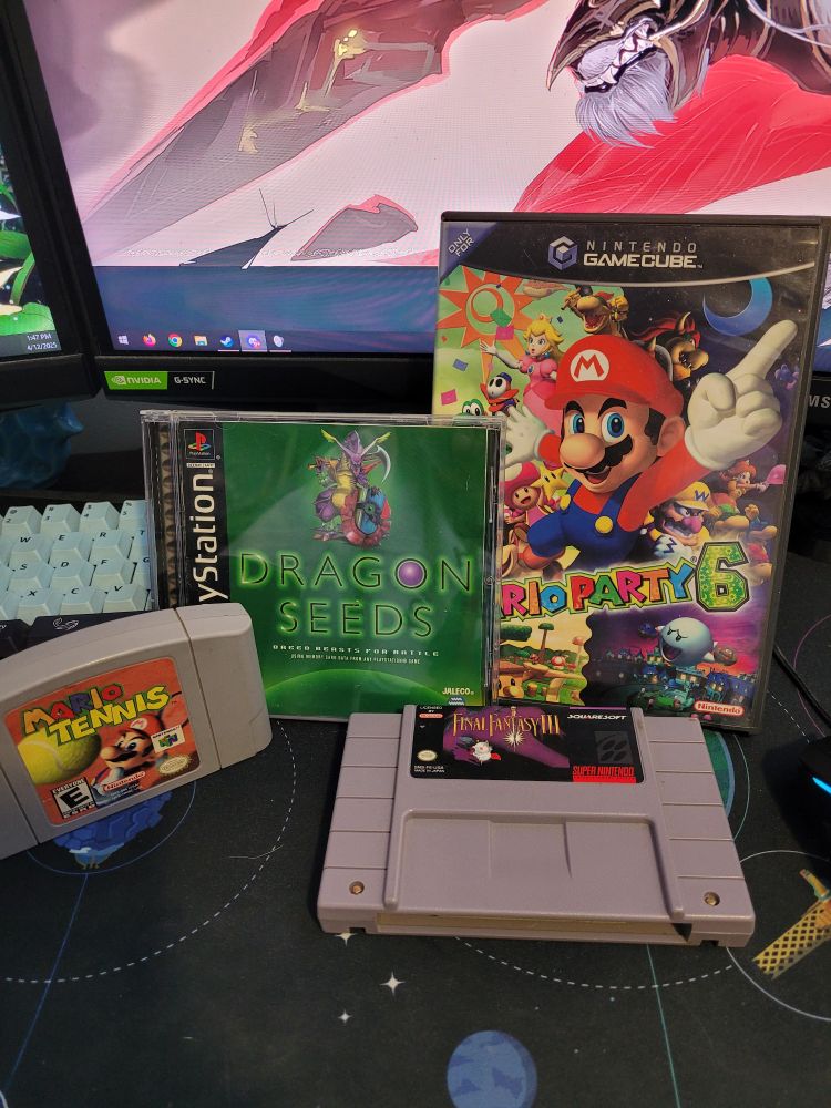 A copy of Mario party 6, dragon seeds, Mario tennis, and final fantasy 6 (listed as 3 in the us) from Retro World in Springfield Mass