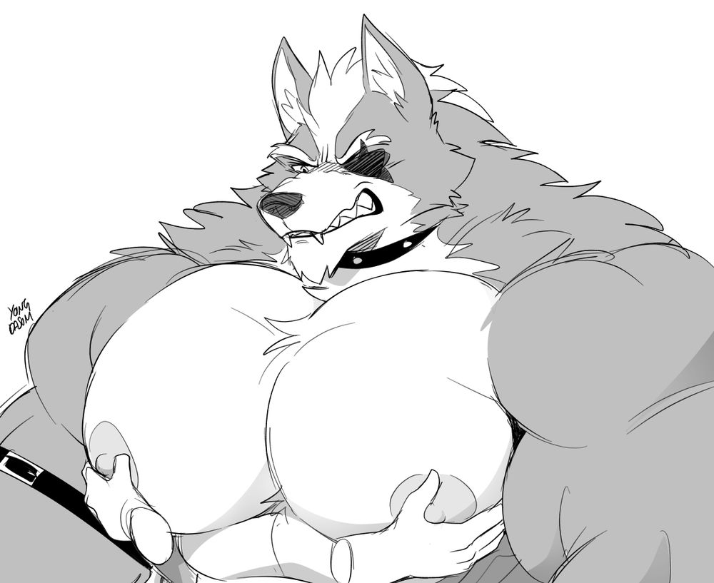 A sketch of a big bara Wolf O'Donnell having his nipples caressed by a pair fo ghost hands while he snarls.