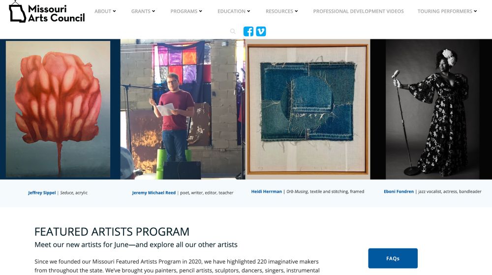 A screenshot of the banner at the top of the Missouri Arts Council website, including a painting by Jeffrey Sippel, Jeremy Reed reading a poem, a textile piece by Heidi Herman, and a photograph of jazz vocalist Eboni Fondren.