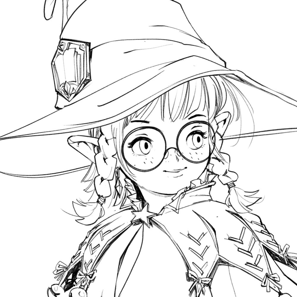Close-up of a sketch of my FFXIV character, a lalafel. She's wearing a witchy pointy hat, rounds glasses and a "buffooney" outfit with a jabot collar and laces.
