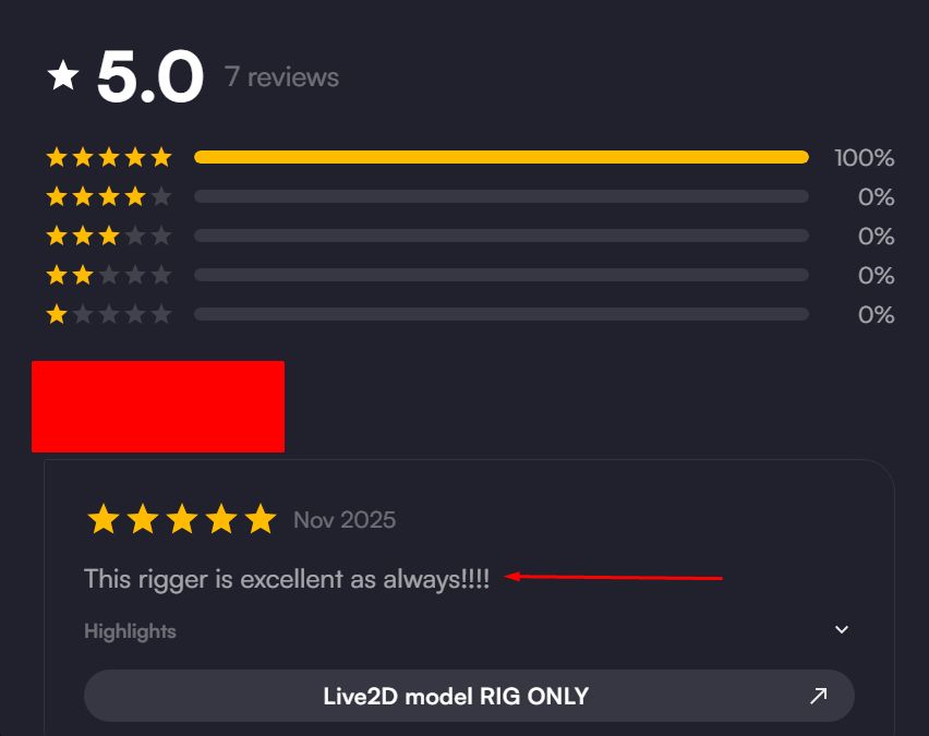 5 star rating on vgen showing a review saying:

This rigger is excellent as always!!!!