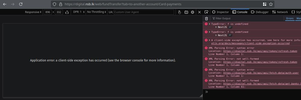 Screenshot of a web browser that shows an application built using Next JS is crashing, browser console is opened in the side showing an error log trace