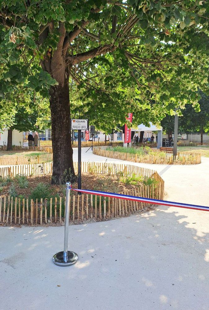 Photo d'une partie du square. Au 1er plan, le ruban d'inauguration bleu blanc rouge. Sous un arbre mature, à l'ombre, on voit la plaque du Square des français libre et des plantes entourées d'une petite clôture en bois. Dans le fond, on distingue différent espaces semblables. Le sol est clair, sableux. 