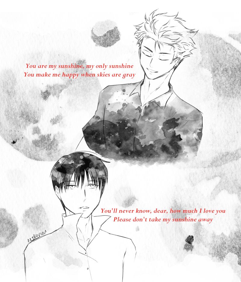 Sketch of Kaito and Nagai Kei from Ajin: Demi-human with lyrics of Johnny Cash's "You are my sunshine".