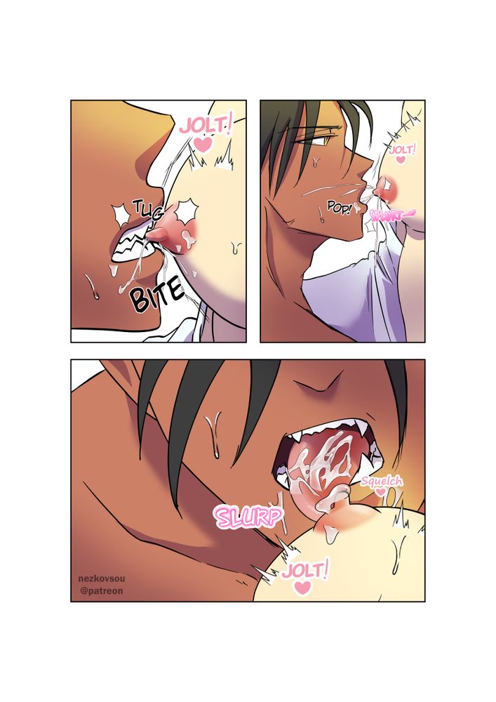 Comic page, 3 panels. Close up shots of Topan sucking and biting on Fuxiao's nipple.
