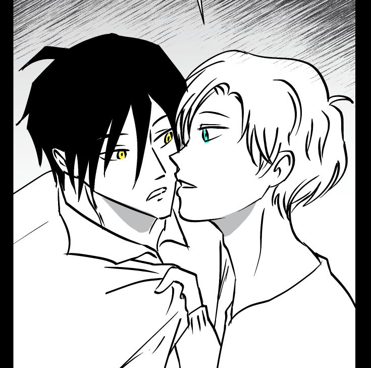 Comic panel, blue eyed man pulls gold eyed man close.