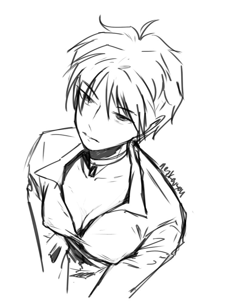 Sketch of Fuxiao (trans man) from Wabah Hama: The Plague. Bust sketch, Fuxiao is looking up, wearing a dress shirt which is unbuttoned to reveal his cleavage.