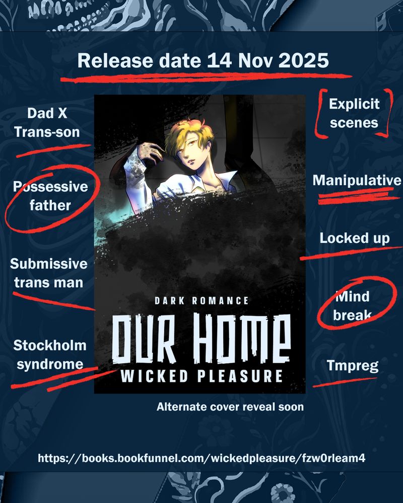 Promo teaser of Our Home. Release date 14 Nov 2025. Labelled as dad x trans son, possessive father, submissive trans man, stockholm syndrome, explicit scenes, manipulative, locked up, mind break, tmpreg. https://books.bookfunnel.com/wickedpleasure/fzw0rleam4