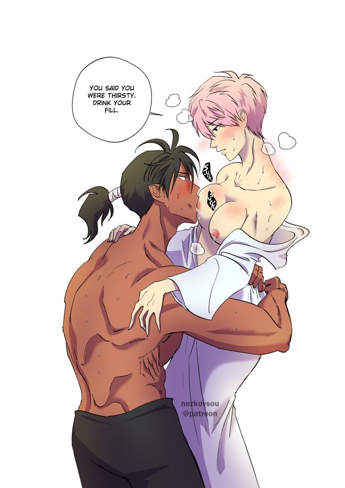 Topan, a black-haired muscular man, sucks on Fuxiao's lactating breast. Fuxiao is a transman with short pink hair.