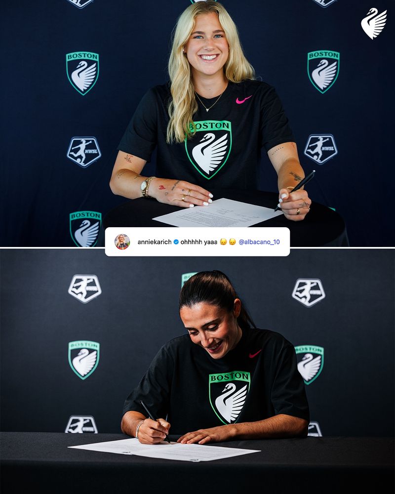 Annie Karich and Alba Caño signing their contracts to join Boston Legacy FC

Text: @anniekarich: ohhhh yaaaaaa (nodding emojis) @albacano_10
