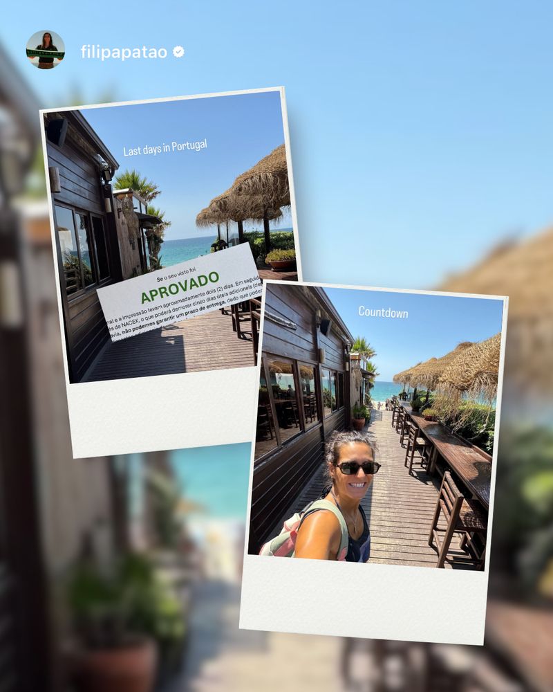 Coach Filipa Patão's stories showing a beach view and a selfie. First picture says Last Days in Portugal and second one says Countdown.