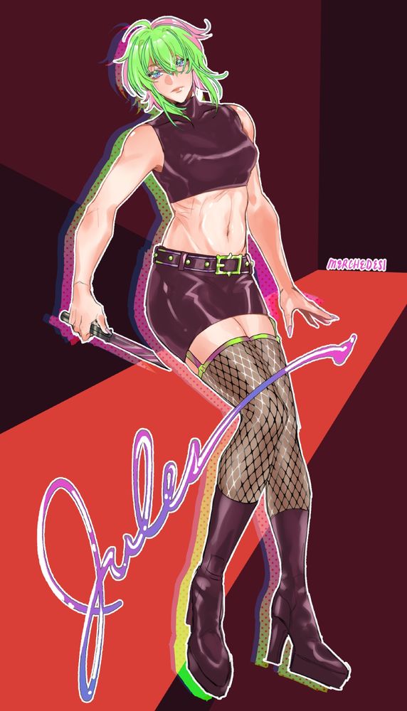 full body image of a woman, who is around her twenties, with green and pink dyed hair, and a tight leather/latex black croptop, miniskirt, and boots. She is also wearing fishnet leggings. on the bottom right is a cursive text of her name, 'Jules'. 