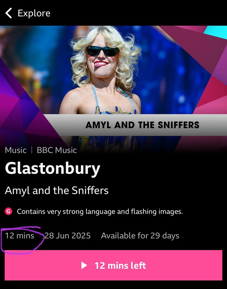 Screengrab of iPlayer showing that the BBC has trimmed the playback of their set down to 12 minutes