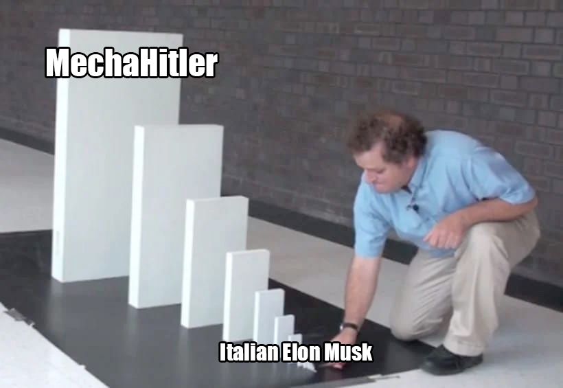 The domino meme, starting with Italian Elon Musk and ending with MechaHitler