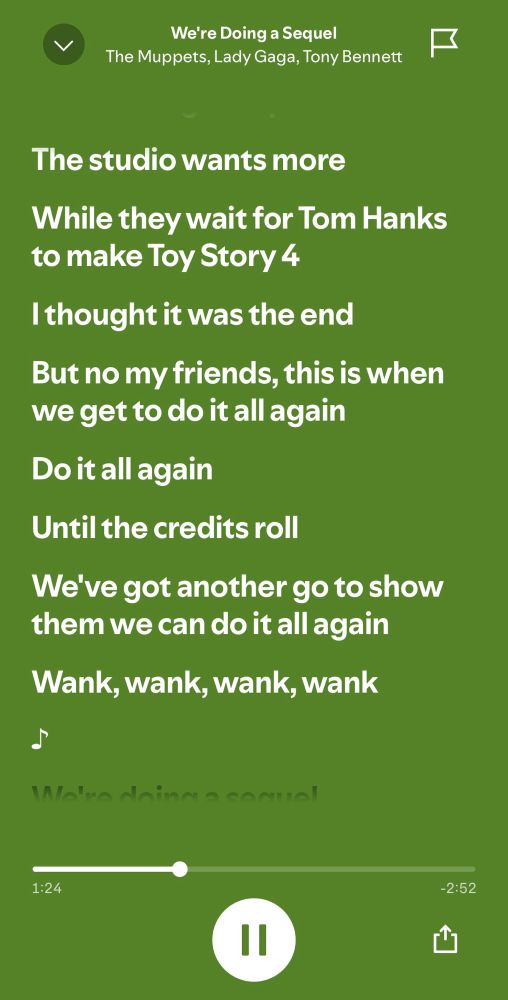 A lyric sheet to We’re Doing A Sequel from Muppets Most Wanted which transcribes an indistinct bit of scatting as “Wank, wank, wank, wank”