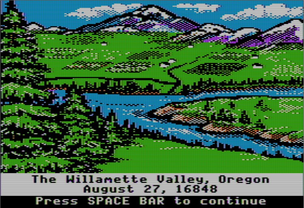 The end screen of The Oregon Trail computer game, showing that the party has arrived in the year 16,848 AD, or 15,000 years after departing Missouri
