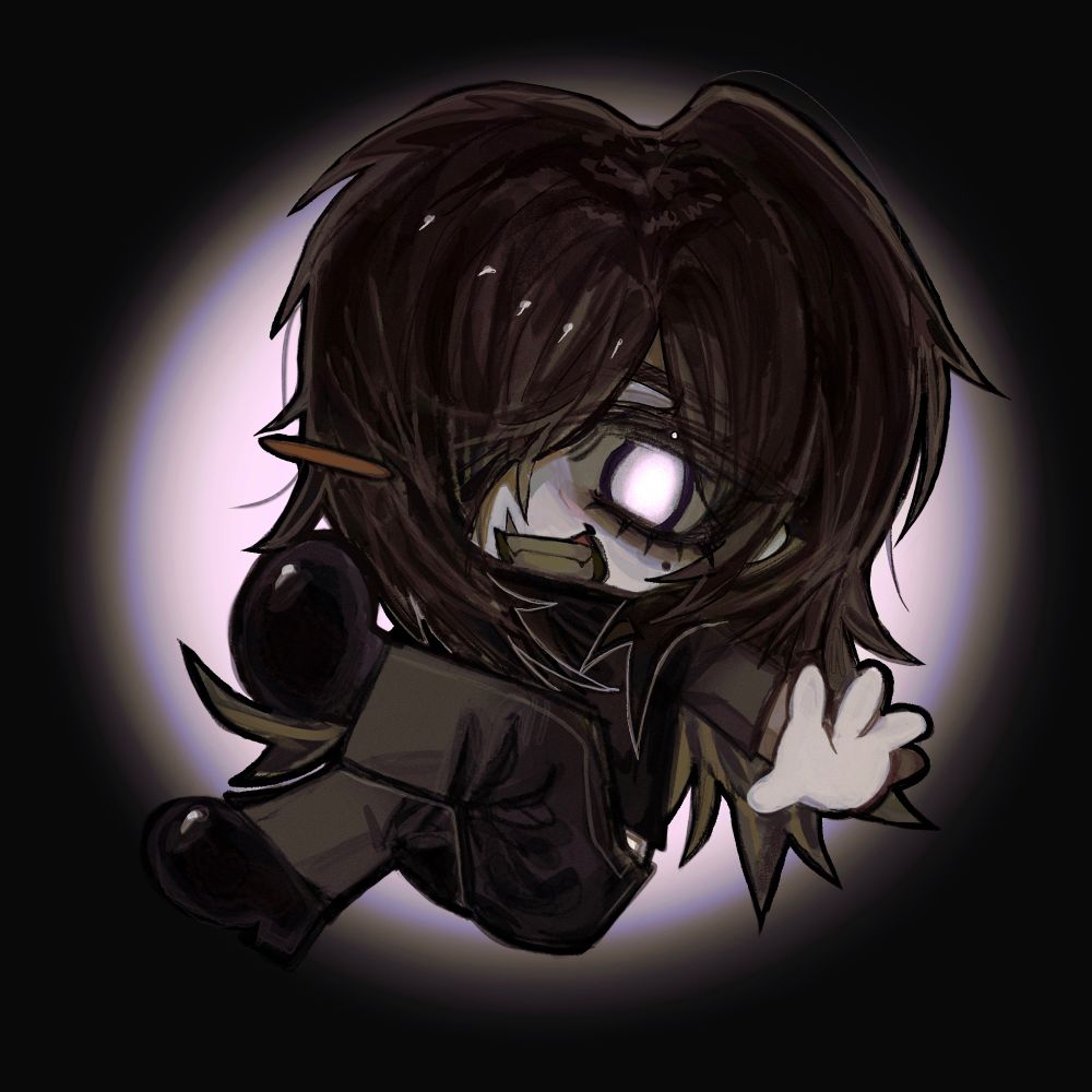 Chibi mr. K in a floating like pose in the air with a smile on his face.