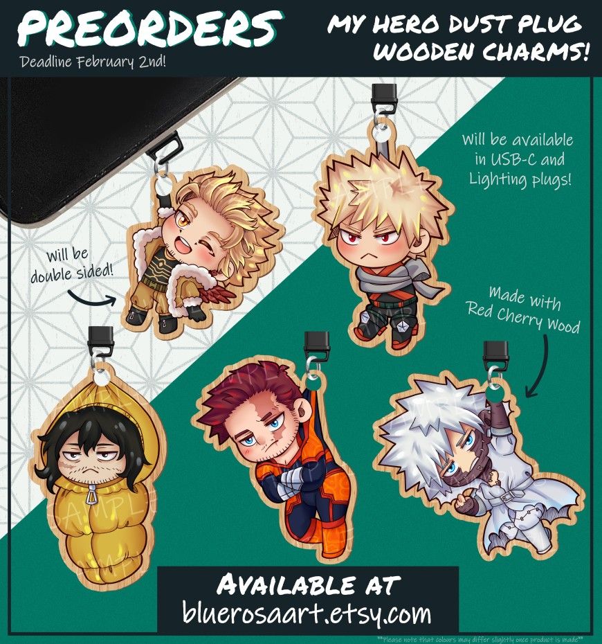 an image advertising pre-orders are open for MHA 1.5" Wooden dust plug charms, featured designs include, Hawks, Bakugo, Aizawa, Enji, and Dabi

#MyHeroAcademia #Dabi #EnjiTodoroki #AizawaMHA #BakugoMHA #HawksMHA