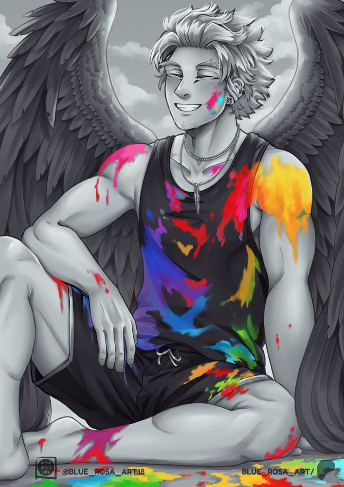 A black and white fanart of Hawks (Keigo Takami) from MHA sitting in a pair of shorts and tank top with rainbow colour paint thrown all over him and on the floor. Artwork is to celebrate #PrideMonth
#HawksFanart