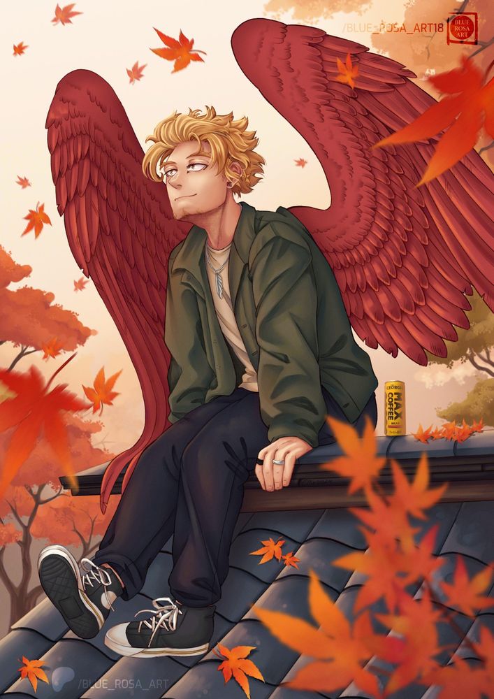 MHA Hawks sitting on a japanese style roof, in long pants, sneakers, and a green jacket, with a can of coffee next to him, surrounded by Autumn coloured trees, and Autumn leaves floating down around him.
#Hawksfanart