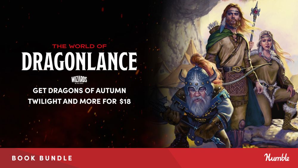 The cover of Dragons of Autumn Twilight featuring Flint, Tanis and Goldmoon.

Text on image:
The World of Dragonlance
Wizards of the Coast
Get Dragons of Autumn Twilight and more for $18
Book Bundle
Humble