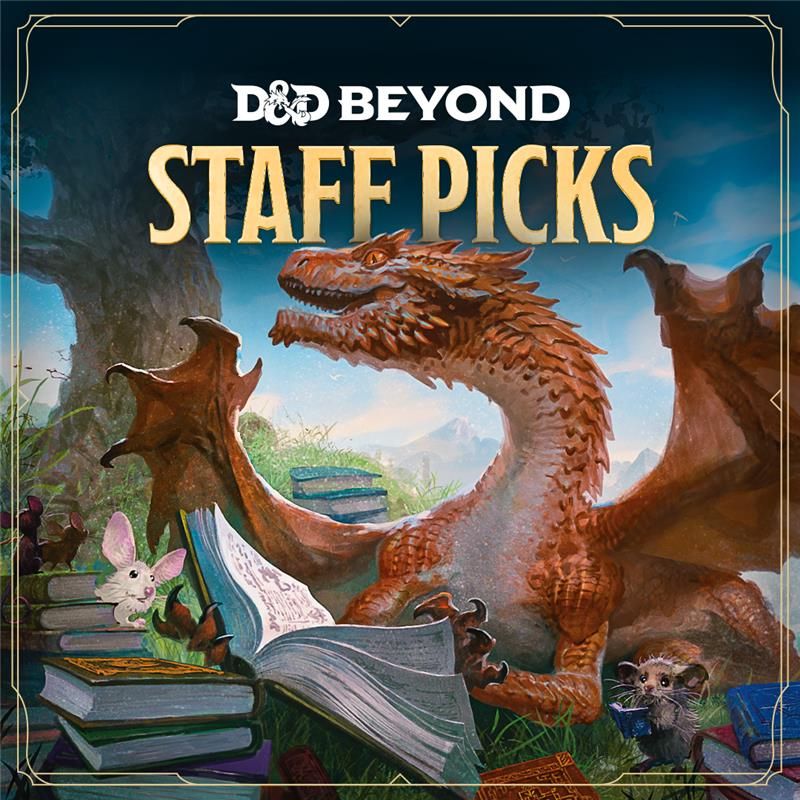 A copper dragon wyrmling reads to some furry friends. Text on image: D&D Beyond Staff Picks
