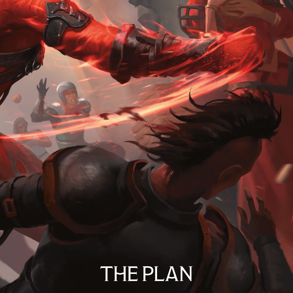 A dramatic action shot showing Karlach’s flaming punch connecting with a surprised enemy. The fiery arc of the strike emphasizes chaos and force. The caption reads, “THE PLAN.”