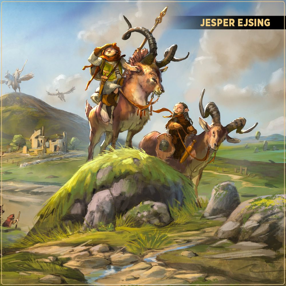 Preview art by Jesper Ejsing from an upcoming Lorwyn-Shadowmoor supplement. In the image, a pair of Kithkin traverse a rocky grassland on goat mounts.