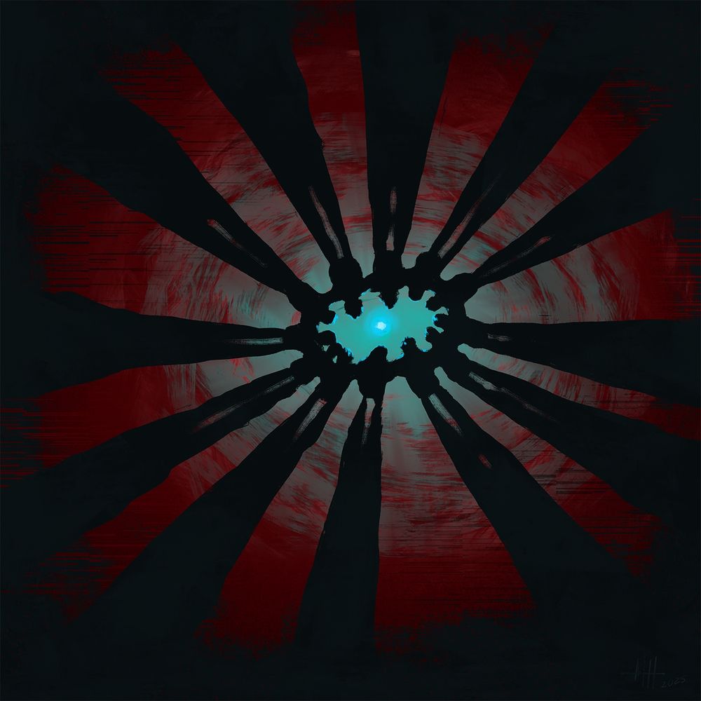 A square painting that first appears as a bright blue glowing eye type shape, with dark llines going out in a radial pattern, surrounded by a blood-red pool falling off into darkness at the edges. At closer inspection, it is a group of people, arm in arm, surrounding a glowing ball of pale blue-green light, with their shadows casting the long dark lines out to the edges. There is a falloff pattern of the bluish light mixing and nullifying the red in a radius around the 'eye'.