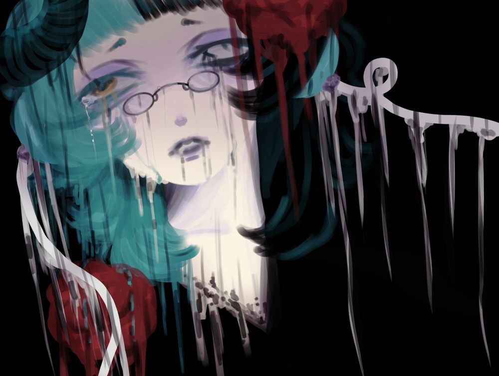 Image of a melting person with split dyed hair and glasses