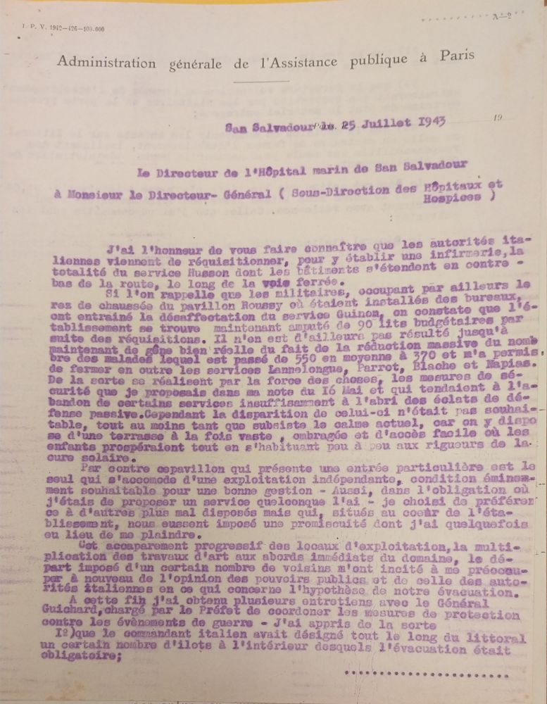 Lettre du directeur de l’hôpital San Salvadour au directeur de l’Assistance publique, 25 juillet 1943 (Archives AP-HP, 592/W/18).