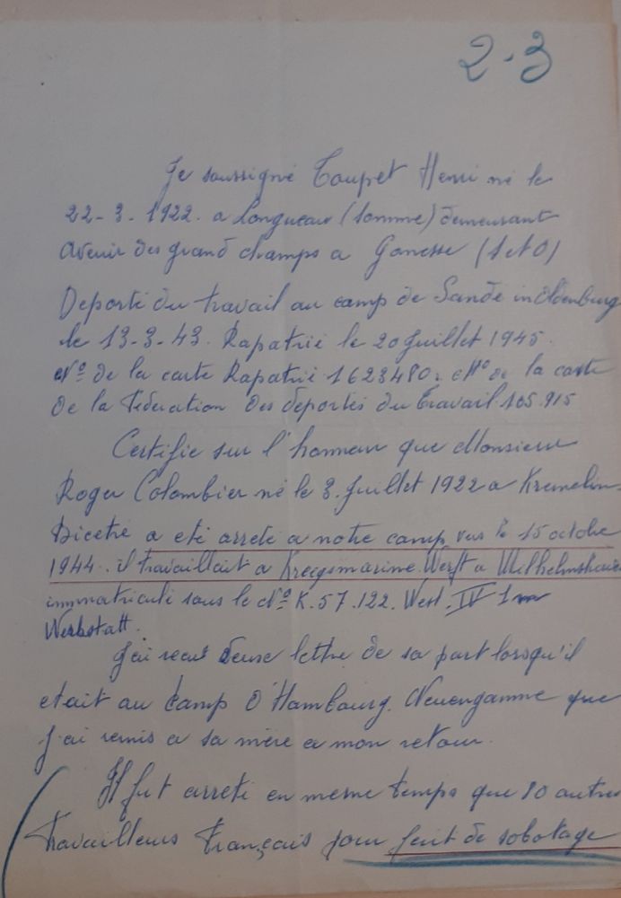 Déclaration de Henri Toupet à propos du décès de Roger Colombier, 27 juillet 1943 (SHD Caen, 21 P 437 90).