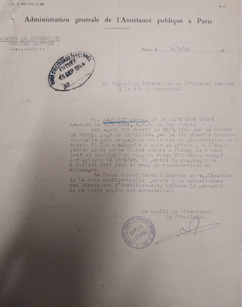Courrier du Comité de libération de l’hôpital Laennec à la sous-direction du personnel, réclamant le paiement de la solde de Marcel Lamboley depuis son arrestation, 18 septembre 1944 (Archives AP-HP, 23/W/119/2).