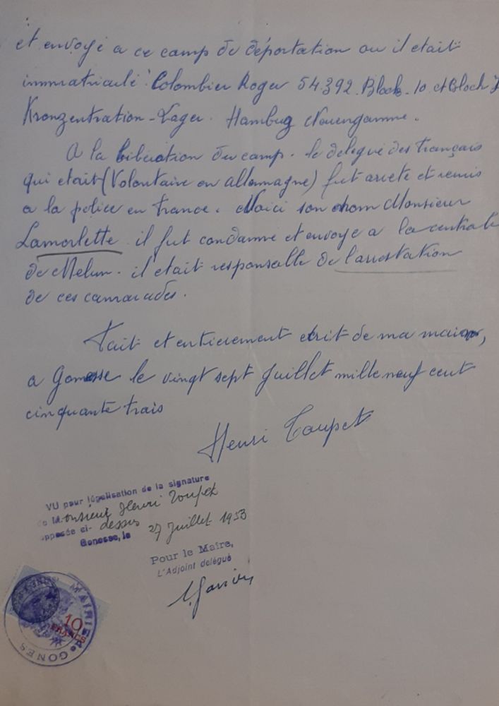 Déclaration de Henri Toupet à propos du décès de Roger Colombier, 27 juillet 1943 (SHD Caen, 21 P 437 90).
