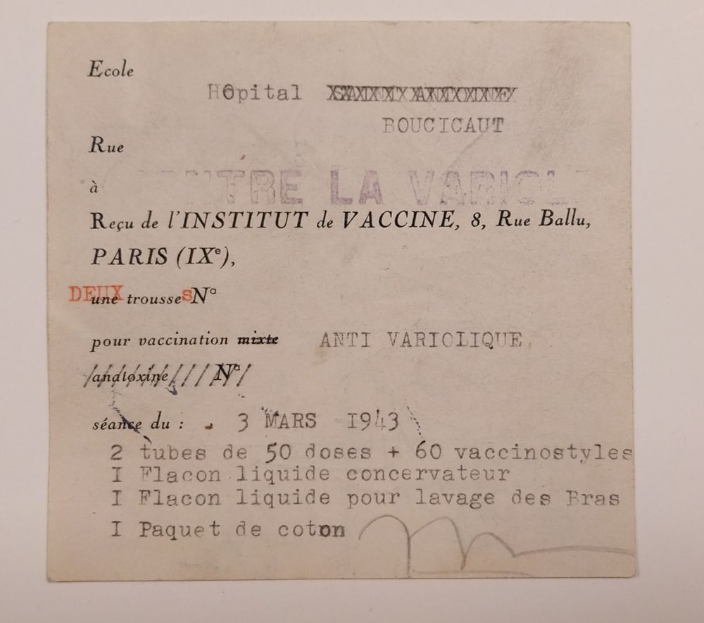 Bon de livraison du matériel de vaccination de l’hôpital Boucicaut, 1943 (Archives AP-HP, 600/FOSS/37).