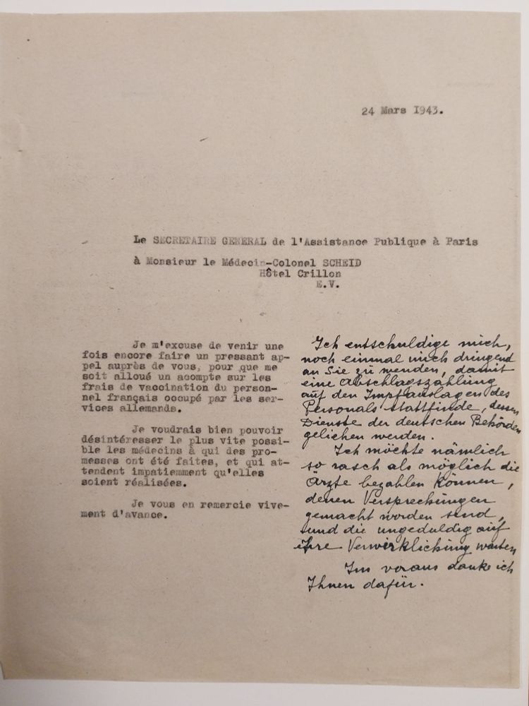 Note du 24 mars 1943 par le secrétaire général de l’AP concernant les frais de vaccination (Archives AP-HP, 600/FOSS/37). 