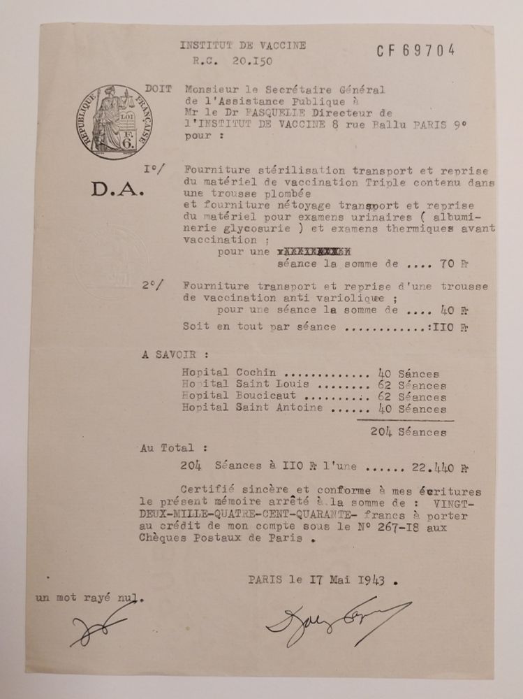 Récapitulatif financier de la campagne de vaccination, 17 mai 1943 (Archives AP-HP, 600/FOSS/37).