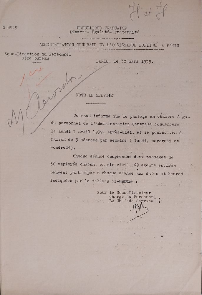 Note de service du 30 mars 1939 (Archives AP-HP, 823/FOSS/3)