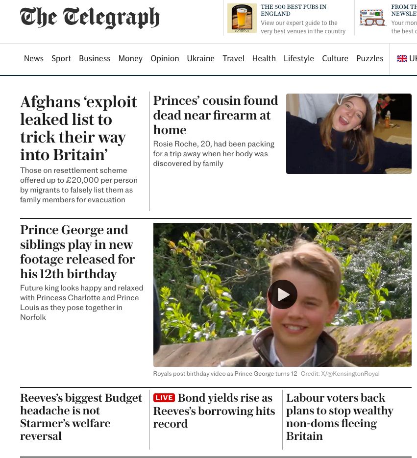 The front of the Daily Telegraph website for 22 July 2025. Two royal stories, two about Rachel Reeves, one about Afghans 'tricking' the system and non-doms.