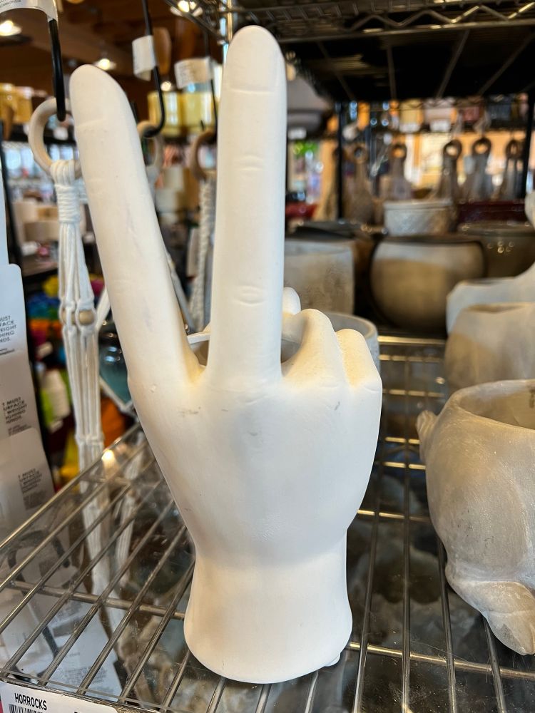 A plant pot in the form of the back of someone’s right hand, with forefinger and middle finger extended into a V-sign.
