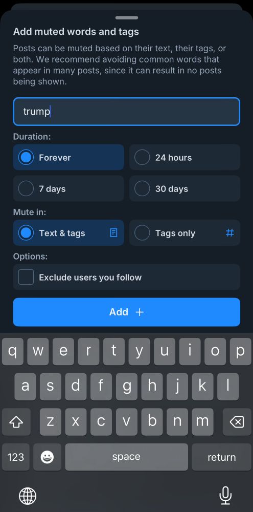 Screenshot of Bluesky setting to mute posts that contain the word “trump”.