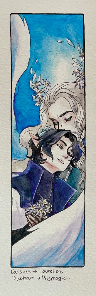 watercolor illustration of Cassius (belongs to Laureliere) and Dubhain (belongs to Prismagic) mostly in blue tones. Dubhain leans into Cassius' chest and is surrounded by the other's wings. Both have chionodoxa luciliae (Glory of the Snow) flowers which symbolize hope and rebirth.