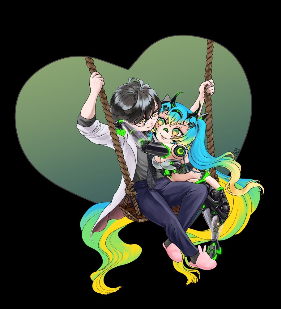 illustration of Sveira and Mayhem in a chibi style posed like the figures in "Springtime" by Pierre August Cot as a YCH example