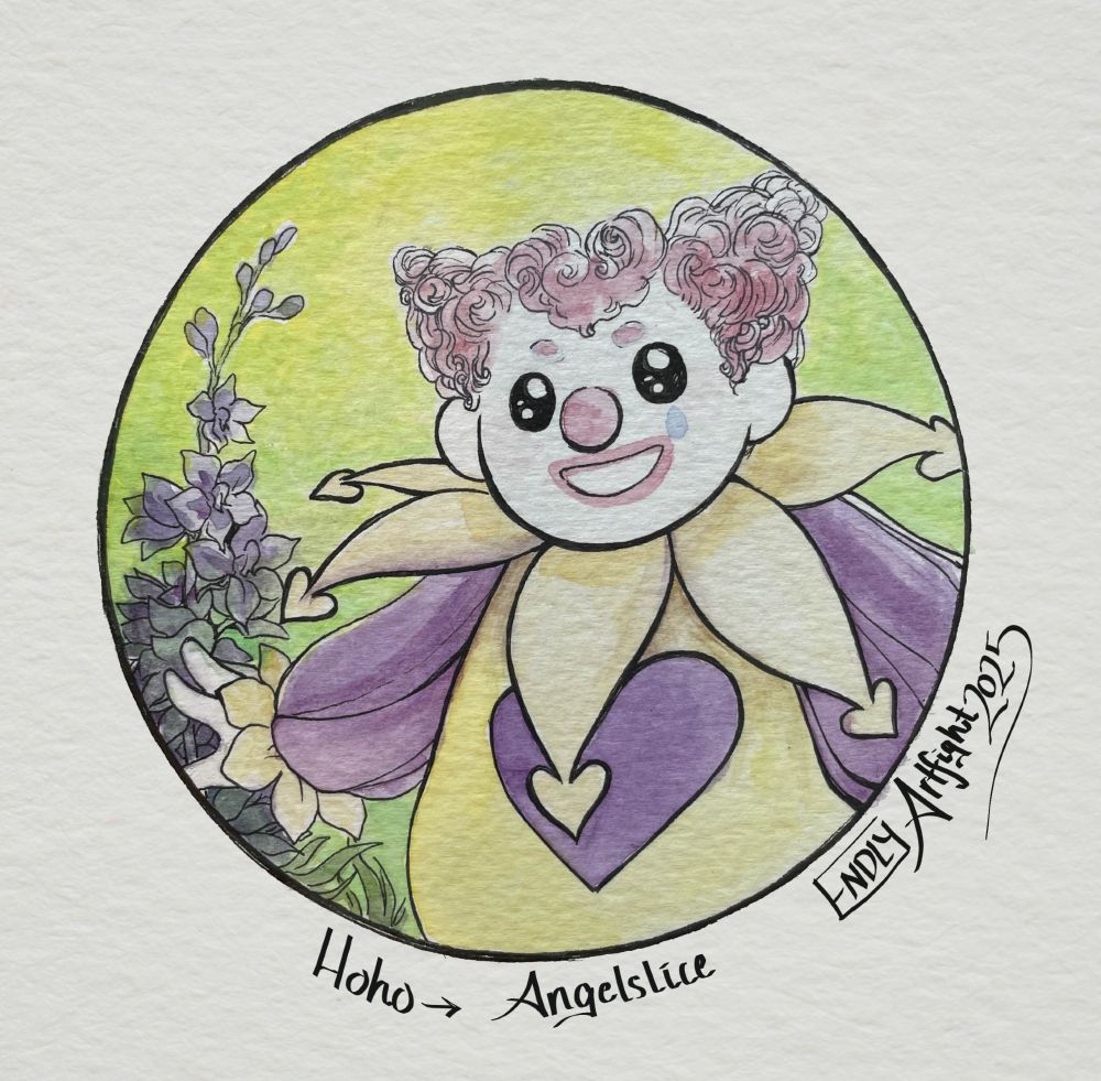 A watercolor illustration of a smiling Clown named Hoho wearing livery of yellow and purples. Behind him are Delphinium (Larkspur) that symbolize levity and an open heart.