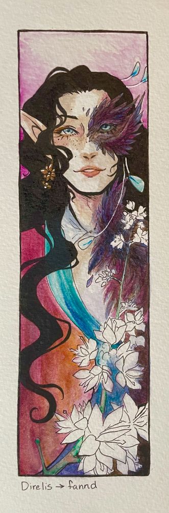 Watercolor illustration of the character Direlis (belongs to fannd) in mid-transformation to bird form. The featured flower this time is Circaea Alpina (or alpine enchanter's nightshade) which symbolizes spells and enchantments. 