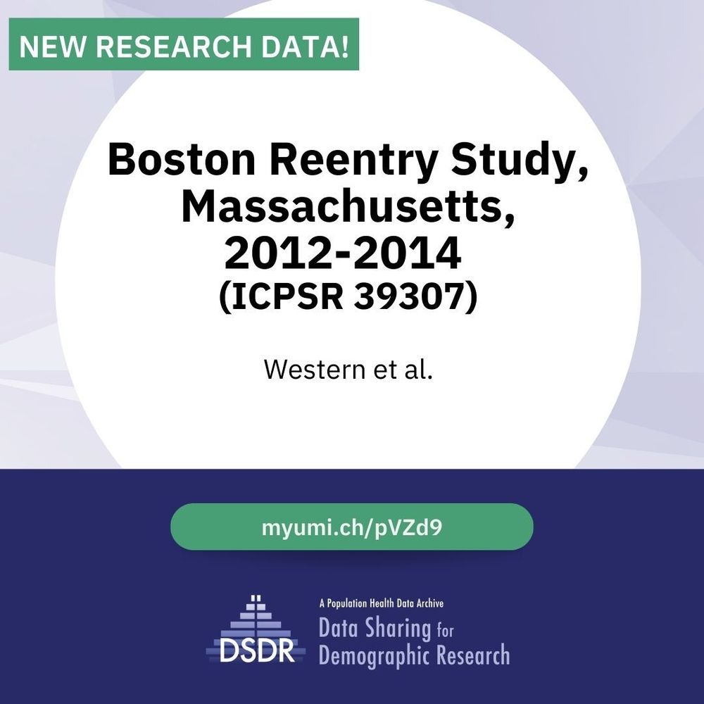 Promotional graphic for new research data. The image features a white circular background with the text: ‘Boston Reentry Study, Massachusetts, 2012-2014 ' and ‘Western et al.” A green banner at the top reads 'NEW RESEARCH DATA!' Below the title a link to the study page is displayed against a green background 'myumi.ch/pVZd9'. The bottom section has a dark purple background with the DSDR logo that reads ‘Data Sharing for Demographic Research: A Population Health Data Archive'.