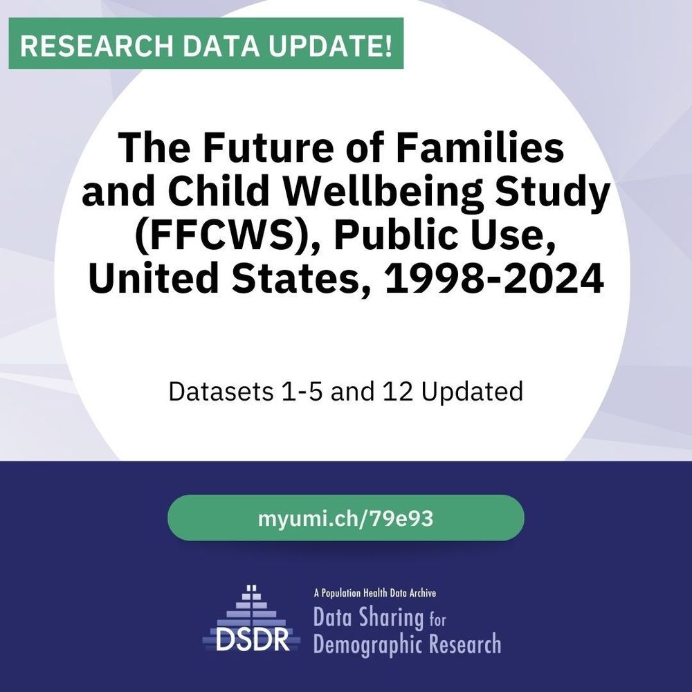 Promotional graphic for new research data. The image features a white circular background with the text: ‘The Future of Families and Child Wellbeing Study (FFCWS) ' and ‘Datasets 1-5 and 12 Updated.” A green banner at the top reads 'RESEARCH DATA UPDATE!' Below the title a link to the study page is displayed against a green background 'myumi.ch/79e93'. The bottom section has a dark purple background with the DSDR logo that reads ‘Data Sharing for Demographic Research: A Population Health Data Archive'.