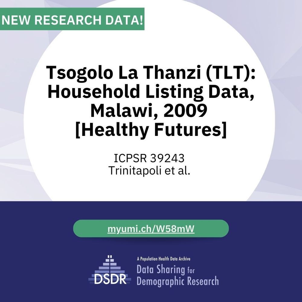 Promotional graphic for new research data. The image features a white circular background with the text: ‘Tsogolo La Thanzi (TLT): Household Listing Data, Malawi, 2009 [Healthy Futures]' with the Study number ‘ICPSR 39243’ and PI ‘Trinitapoli et al’ listed. A green banner at the top reads 'NEW RESEARCH DATA!' Below the title a link to the series page is displayed against a green background 'myumi.ch/W58mW'. The bottom section has a dark purple background with the DSDR logo that reads ‘Data Sharing for Demographic Research: A Population Health Data Archive'.