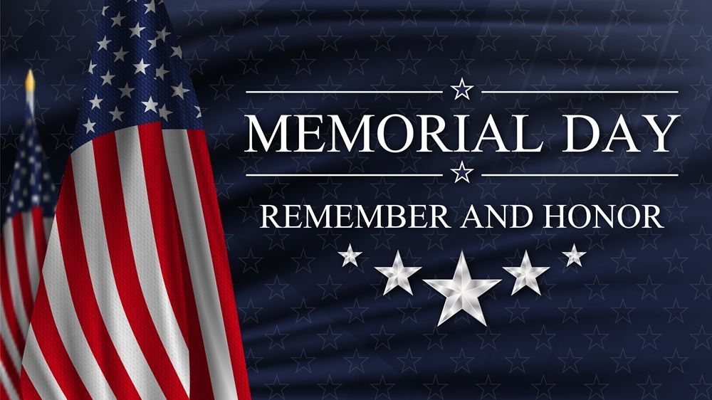 Background of navy blue with white outlined stars. On far left is an American flag and its mirror image. On the right are the words “Memorial Day: Remember and Honor” with silver stars below the words in an upward curving arc.